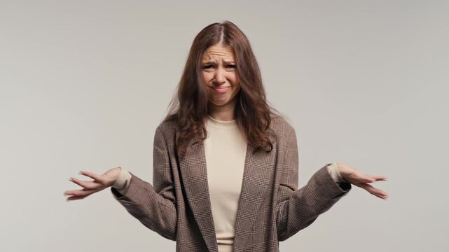 Indignant Businesswoman CEO Quarreling, Rejecting an Offer With Confused What Gesture During Professional Meeting. White Studio Background