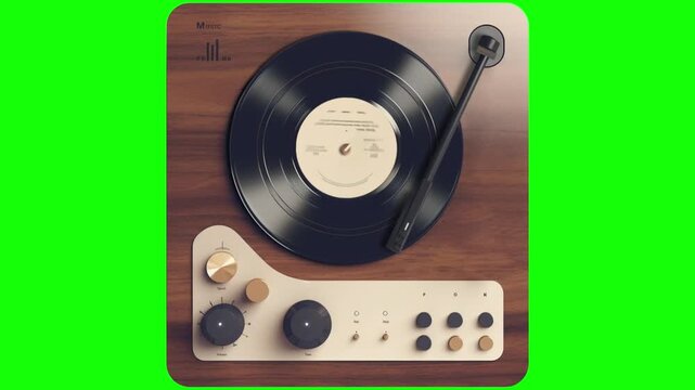 Vintage wooden vinyl record player turntable top view isolated on transparent background retro analog audio music system realistic 3d render graphic element