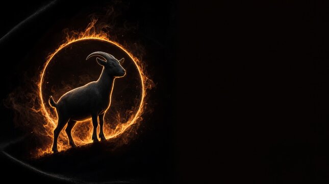 Silhouetted Goat Standing Proudly Within a Luminous Circular Fire Ring on a Dark Background