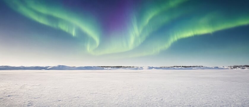 Wide View of Vivid Aurora Borealis Arched Over a Clean Frozen Snow Landscape for Travel Advertising.