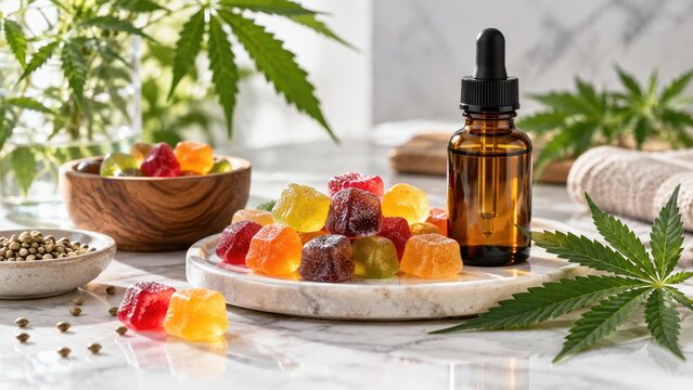 Colorful cannabis-infused gummy bears on a marble plate with an amber tincture dropper bottle, hemp leaves and seeds arranged in a wellness still-life