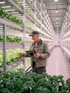 Senior male farmer inspecting fresh green lettuce leaves and using a digital tablet while working inside a modern high tech vertical hydroponic farm