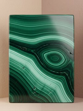 Polished rectangular slab of natural green malachite gemstone showing intricate concentric banding patterns standing against a neutral beige background