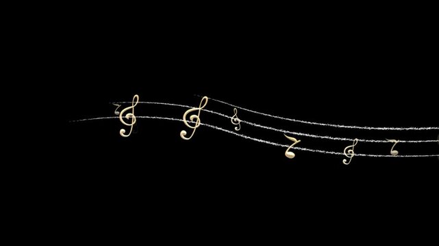 Golden musical notes and treble clef floating on wavy white staff lines isolated on transparent background abstract audio music design element overlay