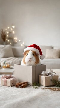 A cute guinea pig wearing a red Santa hat inside a gift box on a white linen surface with presents.