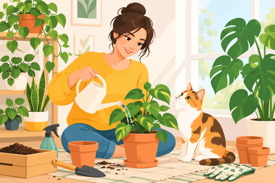 Young woman watering plants while sitting with a cat in a bright room  