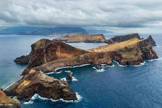 Sao Lourenco Madeira hiking trail landscape, rocky peninsula and ocean cliffs, drone footage, Portugal
