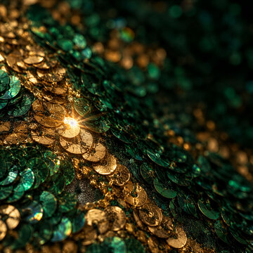 Emerald Green and Gold Sequins as a Glamorous Detail of a Carnival Costume