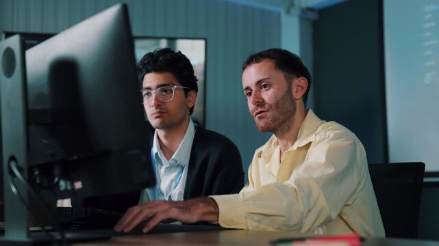Pair programming, two software developers discussing code on computer screen in tech office