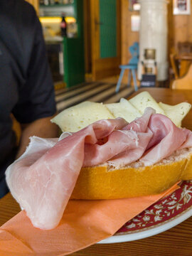 Cortina d&rsquo;Ampezzo, Italy. Open Bread Sandwich with Sliced Ham and Cheese in a Caf&eacute;