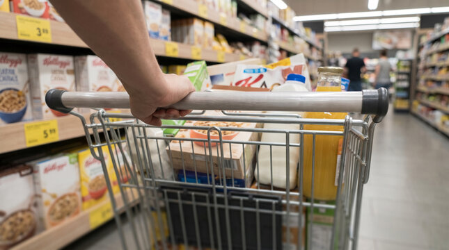 Hand pushing shopping cart with groceries like milk and juice in supermarket aisle for everyday shopping and healthy eating