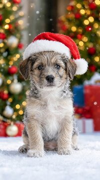 Stuffy Coated Scruffy Puppy Wearing Small Red Santa Hat Sitting Elegantly on Freshly Winter Snow