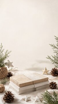 Minimalist Christmas Holiday Display Podium Product Surface with Pinecones and Evergreen Accents