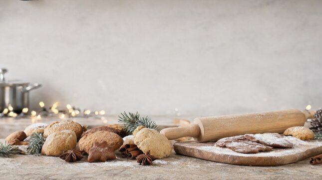 Rustic Christmas Baking Scene with Festive Cookies on a Flour Dusted Stone Kitchen Countertop