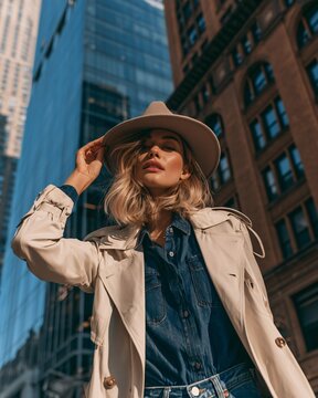 Woman in city adjusting her muted clay unbranded wool garment while posing