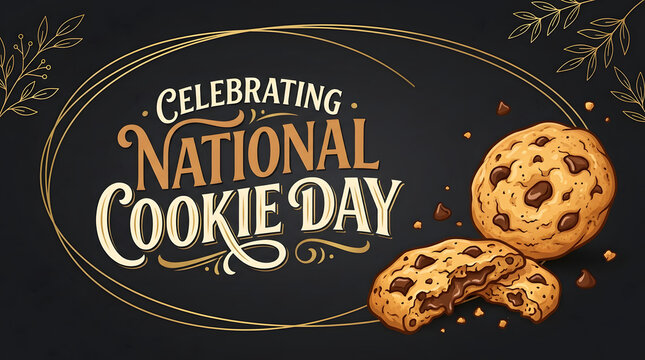 Graphic celebration for national cookie day with chocolate chip treats on chalkboard background