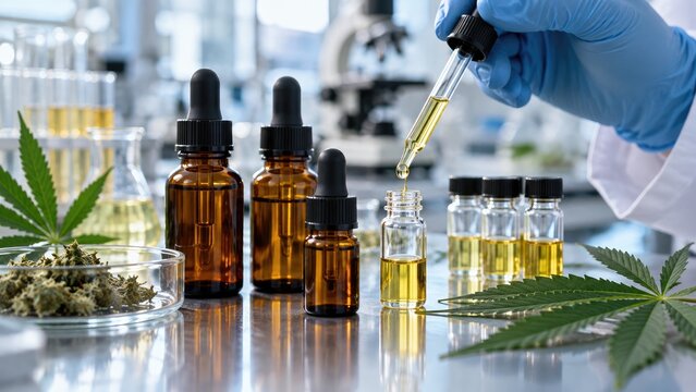 Gloved hand using dropper to transfer golden cannabis extract into glass vials amid amber bottles, cannabis buds and leaves in a laboratory setting