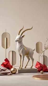 Minimalist Lunar New Year Home Decor Concept Featuring Elegant Ceramic Fire Goat Figurine Display