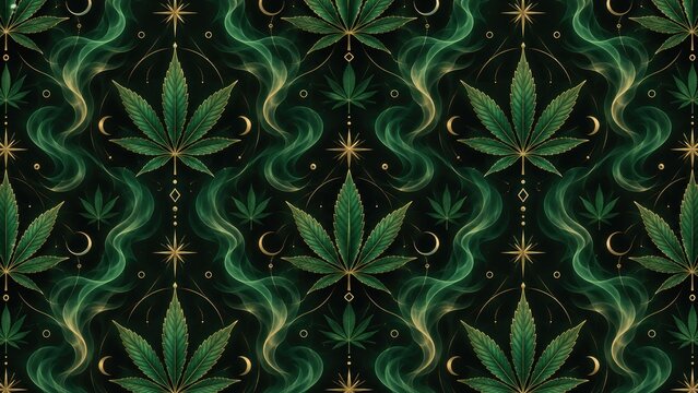 Pattern of cannabis leaves with green smoke and gold celestial symbols on a black background, ornate and mystical botanical illustration