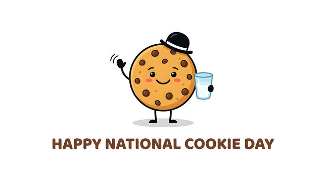 Cartoon chocolate chip cookie character wearing a black hat and holding a glass of milk with baked goods