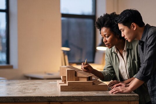 Two focused diverse architects examining a detailed wooden architectural model on a workbench in a modern design studio
