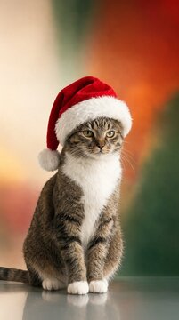 A Beautiful Tabby Cat Wearing a Festive Red Santa Hat Against a Blurred Colorful Holiday Background