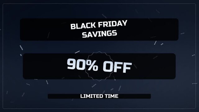 Black friday savings motion graphic with 90 percent off text for limited time discounts