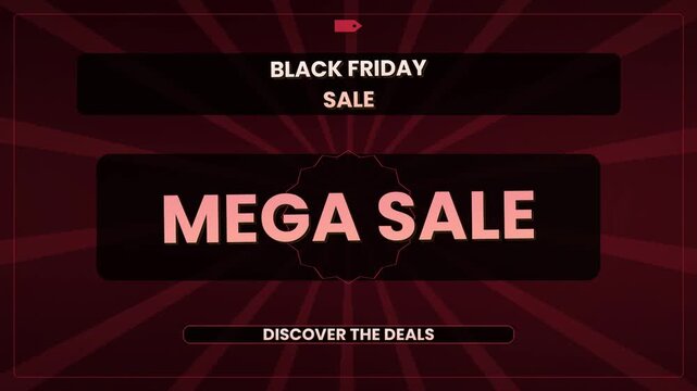 Black friday mega sale promotional animation featuring dynamic light rays on dark background
