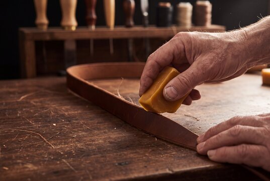 Skilled leatherworker rubbing a block of yellow beeswax onto the edge of a brown leather belt on a rustic wooden workbench in a traditional workshop