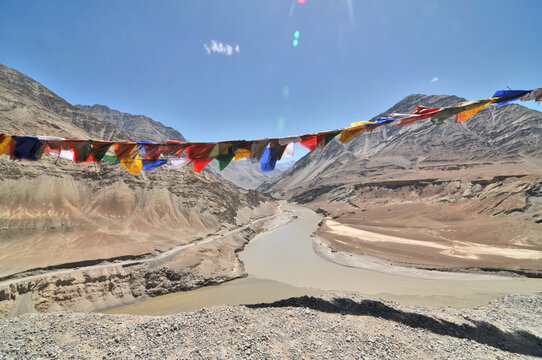 The confluence of the Indus and Zanskar rivers, popularly known as the "Sangam," near Nimmu village in Ladakh, India