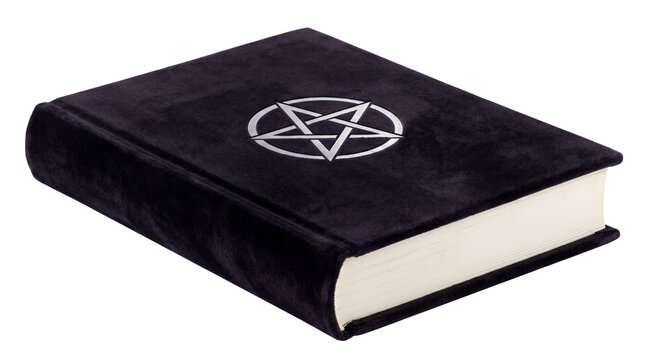 Mystical black velvet spell book with silver pentagram symbol