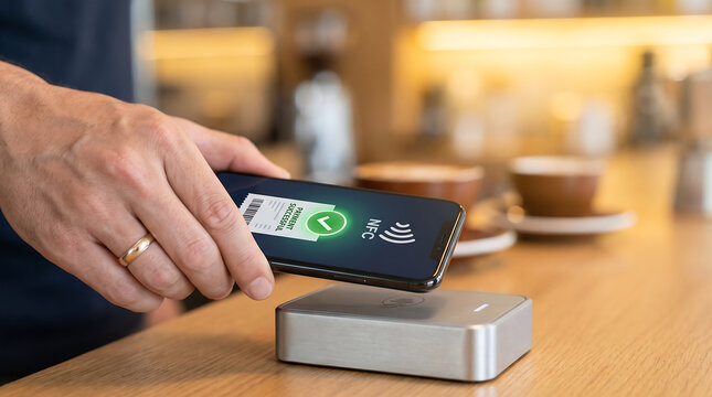 Hand interacts with a smartphone displaying a contactless payment interface on a modern card reader.