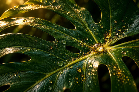 Water Droplets on a Green Monstera Leaf in Warm Golden Backlight