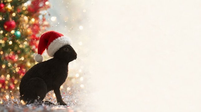 A cute wild hare with santa hat against beautiful blurred bokeh lights for holiday banner concepts.