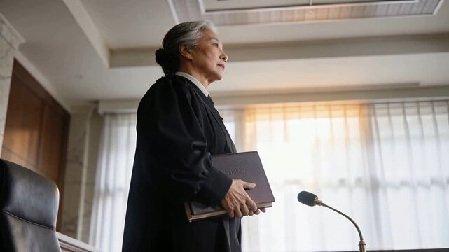 Rising from chair, Asian judge in robe holding legal book at bench, adjusting grip to preside