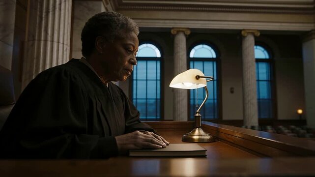 Listening judge black robe reading binder at courtroom bench as counsel speaks, lamp lit