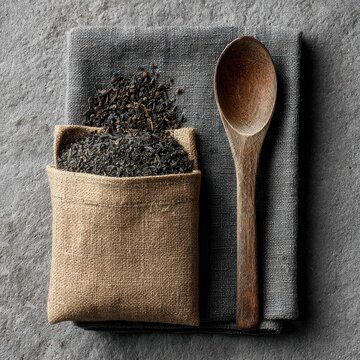 Rustic burlap bag overflows with premium loose leaf black tea beside a weathered wooden spoon on a textured gray surface