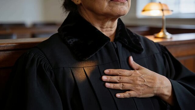 Adjusting judge in robe reaching for fur collar fastening clasp in courtroom, preparing for hearing
