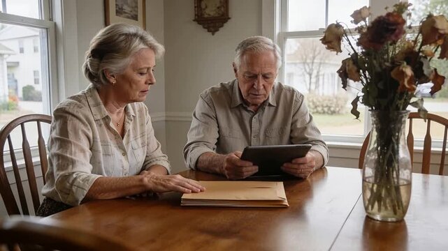 Reviewing older couple tapping manila files at dining table after mail, using tablet checking bills
