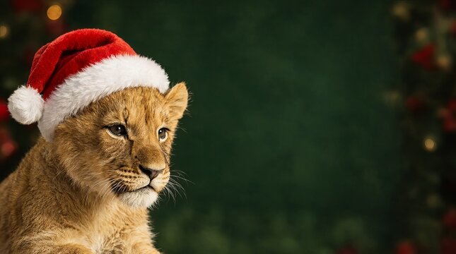 A Portrait Of An Adorable Lion Cub Wearing A Festive Santa Hat Against A Bokeh Holiday Greens.
