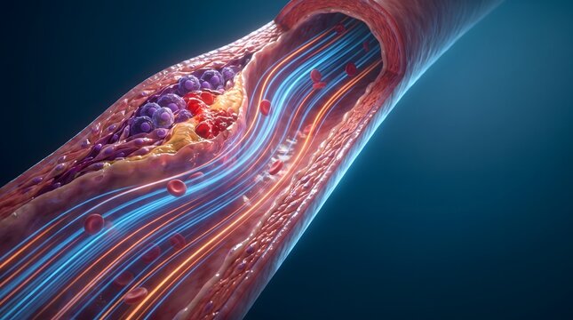 Arterial Plaque Buildup: A close-up, stylized 3D illustration shows a cross-section of a human artery, highlighting plaque buildup and blood flow.