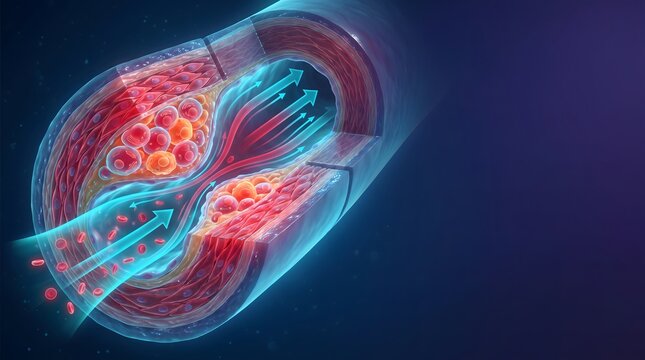 Artery Cross-section with Blood Flow: A detailed illustration of a human artery in cross-section, showing cholesterol buildup and restricted blood flow.