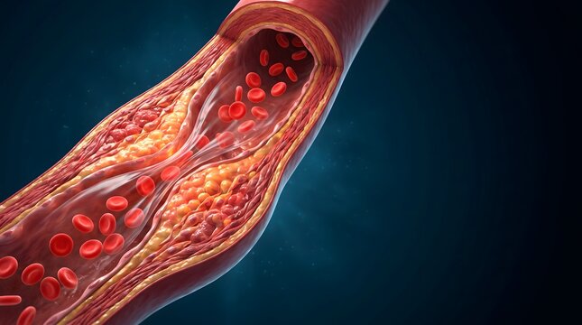 Atherosclerosis Plaque in Artery: Close-up visualization of a human artery showing plaque buildup, cholesterol deposits, and red blood cells flowing through a narrowed vessel.