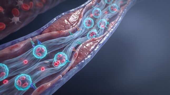Blood Flow: A close-up, microscopic view of blood cells, including red blood cells and leukocytes, flowing through a blood vessel.