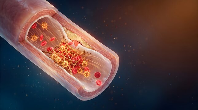 Artery Blockage Illustration: A cross-section of a human artery reveals a buildup of plaque and blood clots, illustrating the concept of arterial disease and cardiovascular health concerns.