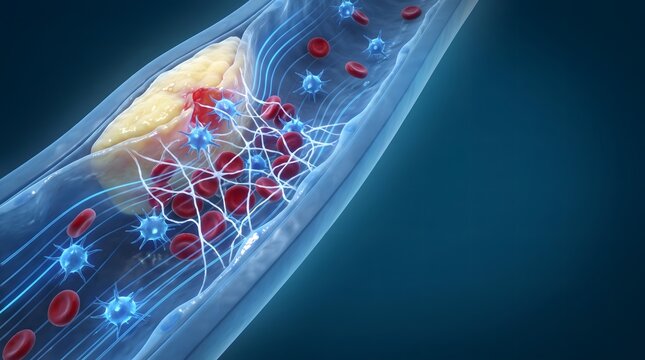 Blood Clot in Artery: A detailed medical illustration showing a blood clot forming within a human artery, obstructing blood flow with red blood cells, platelets, and fibrin.