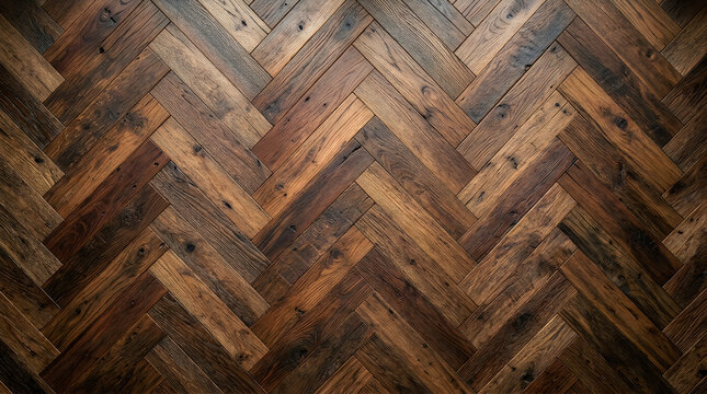 Rich dark brown herringbone wooden parquet flooring background featuring rustic textures and natural grain patterns throughout the surface