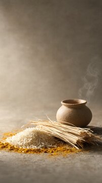 Minimalist Pongal Festival Concept Featuring Clay Pot Raw Rice And Sugarcane Fibers On Rustic Table