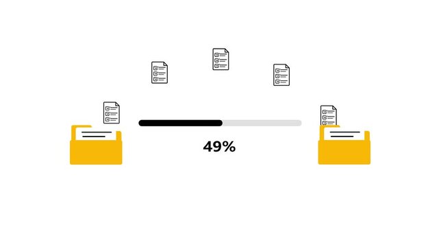 File transfer animation between two folders on white background. Documents moving along black progress line percent. Data migration and storage concept. Clean minimal UI design.4k motion.