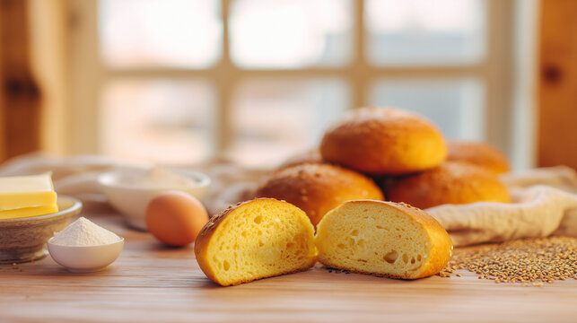 Freshly baked golden bread rolls with a soft airy crumb displayed on a rustic wooden kitchen table alongside butter, flour and baking ingredients. Warm natural lighting evokes homemade baking